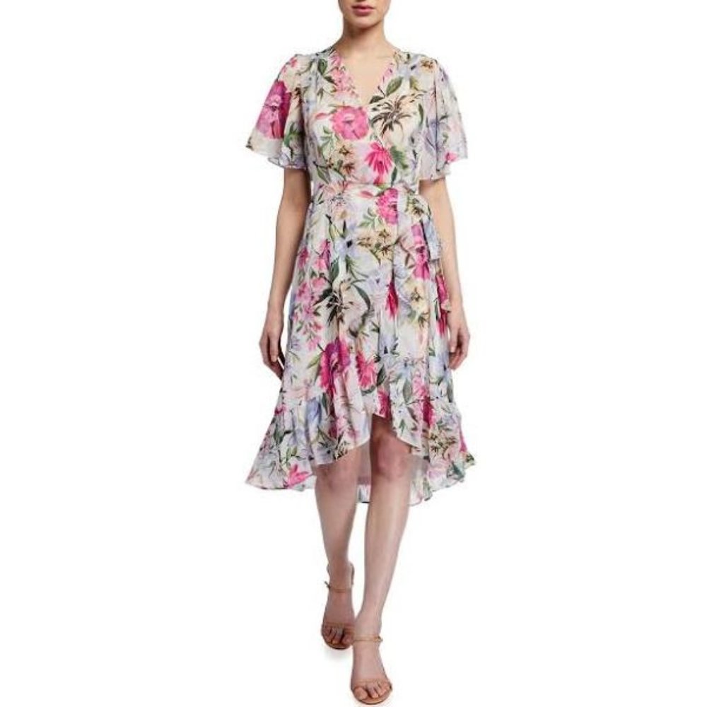 Calvin Klein Chiffon Floral Wrap Dress Ruffles L
